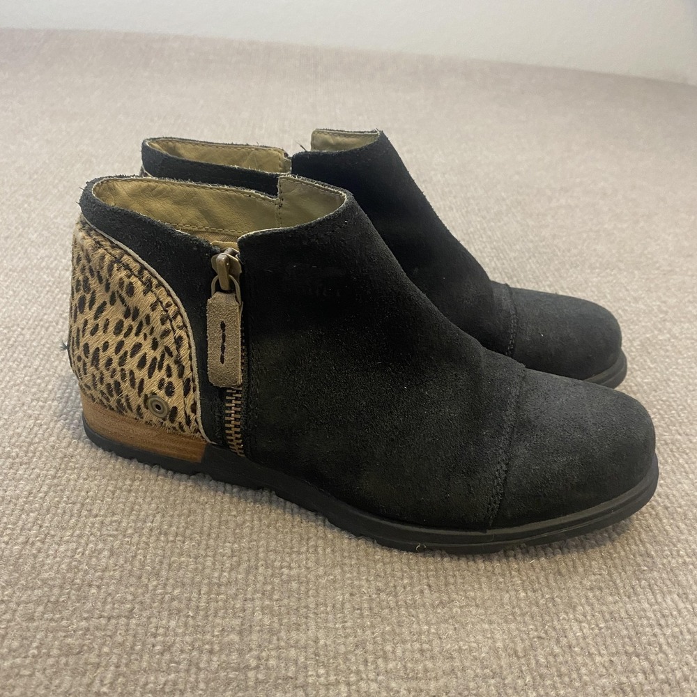 Sorel‎ Booties Womens Size 8 Black Suede Ankle Zip Animal Print NL2211-010